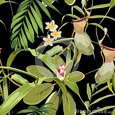 Tropical seamless pattern. Summer print. Jungle rainforest. Nepenthes, genus of carnivorous plants. Stock Photo