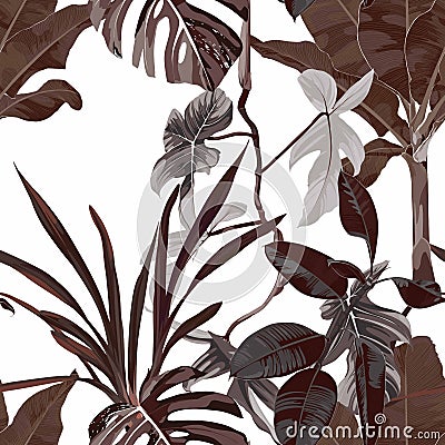 Abstract foliage seamless pattern, various plant and tree in brown on white background. Vector Illustration