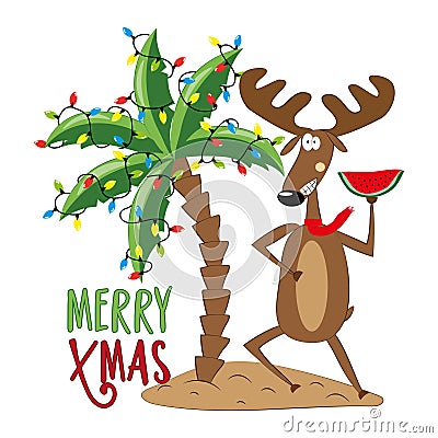 Merry xmas - funny reindeer in island and palm tree decorated with Christmas lights garland, isolated on white background. Vector Illustration