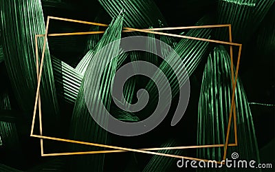 Lots of bright green tropical leaves as background with two gold stripes in the middle Vector Illustration