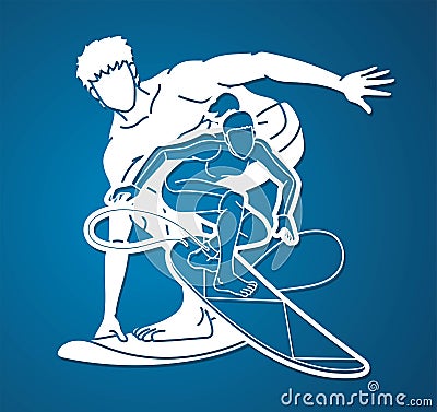 Group of Surfer Action Surfing Sport Players Cartoon Graphic Vector Vector Illustration