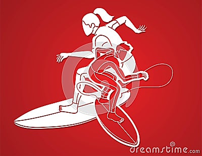 Group of Surfer Action Surfing Sport Players Cartoon Graphic Vector Vector Illustration