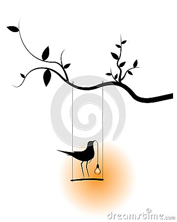 Bird on swing on branch holding lightbulb Vector Illustration