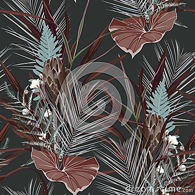 Abstract herbs seamless pattern, various plant and herbs and protea flower in brown blue on black background. Stock Photo