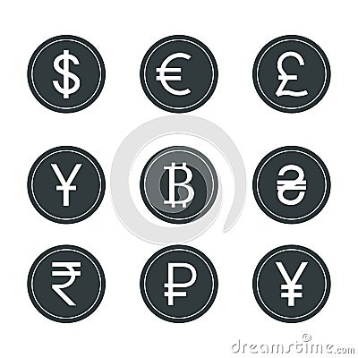 World currency coins collection. Money signs of different countries. Vector Illustration