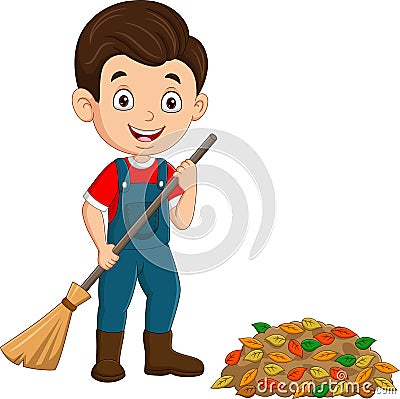 Cartoon boy gardener raking leaves Vector Illustration
