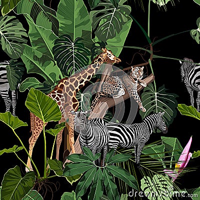 Tropical wild animals, flamingo, zebra, giraffe, leopard jaguar Savannah cat sleeping on a tree and palm trees, banana tree. Vector Illustration