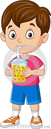 Cartoon little boy drink bubble milk tea Vector Illustration