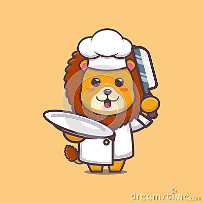 Cute lion chef holding plate and knife. Vector Illustration