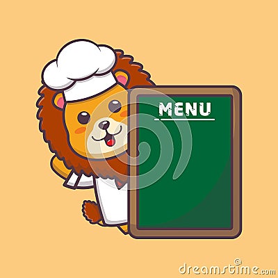 Cute lion chef with menu board. Vector Illustration