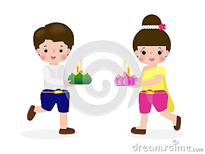 Loy Krathong Festival with cute Thai couple in traditiona costume holding krathong isolated on white background Celebration Vector Illustration