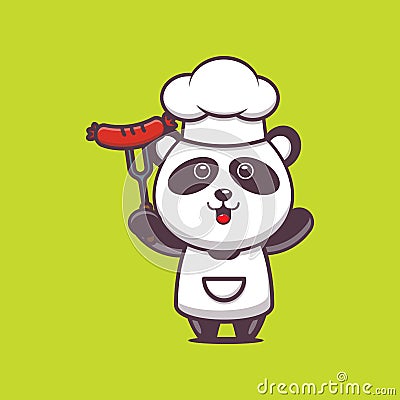 Cute panda chef with sausage Vector Illustration