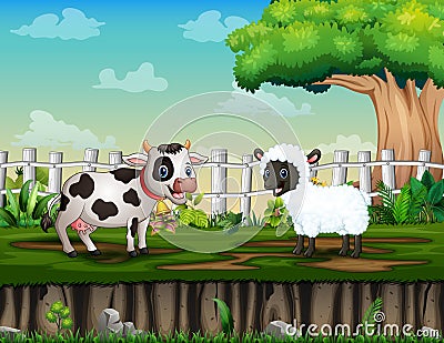 Cartoon a cow and sheep in the green land Vector Illustration