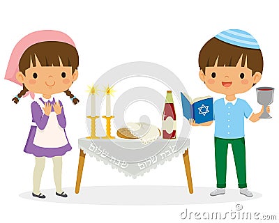 Preschool Kids Doing the Shabbat Ceremony Vector Illustration