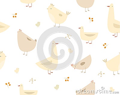 Print. Vector pattern with hens, chickens, ducks and geese. On the farm. Vector Illustration