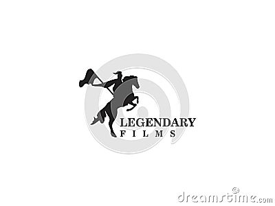 Horseback Knight Silhouette, Horse Warrior Paladin Medieval logo design with movie film Vector Illustration