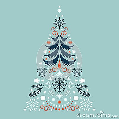 Christmas card. Stylized christmas tree with snowflakes Vector Illustration
