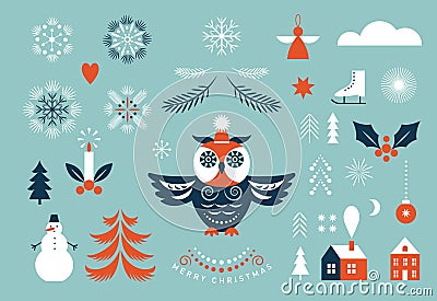 Set of Christmas illustrations, design elements. Vector Illustration