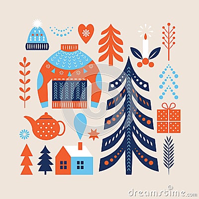 Cozy Christmas set. Set of christmas graphic elements. Vector Illustration