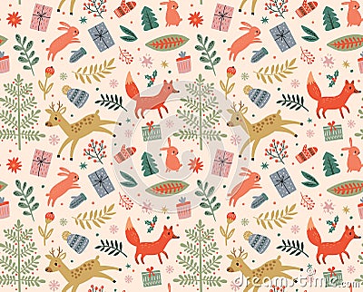 Christmas seamless pattern with deer and fox Vector Illustration