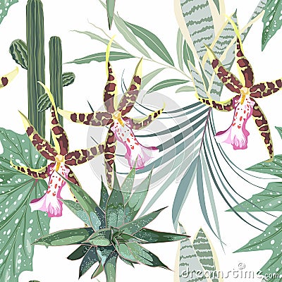 Seamless pattern: many kind of tropical exotic leaves and orchid flowers. Hand drawn beautiful elements. Stock Photo