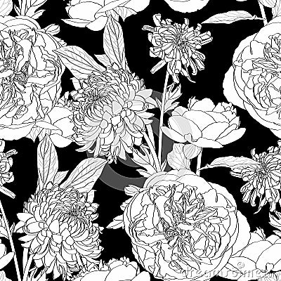 Seamless pattern with a Chrysanthemum, Peony Flowers natural ornament. Vintage Japanese Flowers floral seamless pattern. Stock Photo