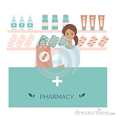 Pharmacy interior with druggist flat vector illustration Vector Illustration