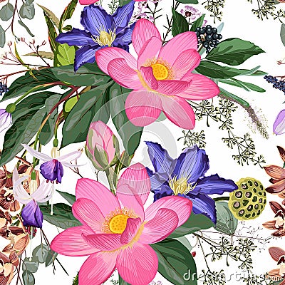 Nature seamless pattern. Hand drawn summer background: pink lotus flower, herbs and violet clematis, orchids flowers. Stock Photo