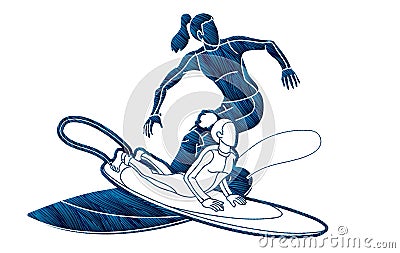 Women Surfer Action Surfing Sport Players Cartoon Graphic Vector Vector Illustration