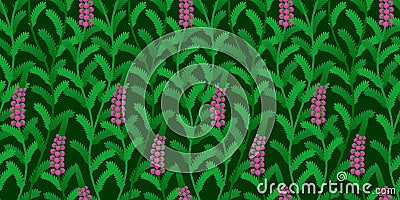 Heather seamless background. Branches of calluna on green. Vector Illustration