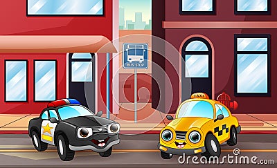 Cartoon of police car and taxi parking on the street Cartoon Illustration
