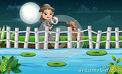 Smiling a safari girl with little panda and dog by the pond Vector Illustration
