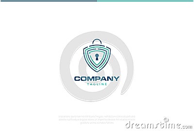 Data Protection Logo Design. Vector Logo Template. A database shield protection safe guard in a maze form with a key padlock in th Vector Illustration