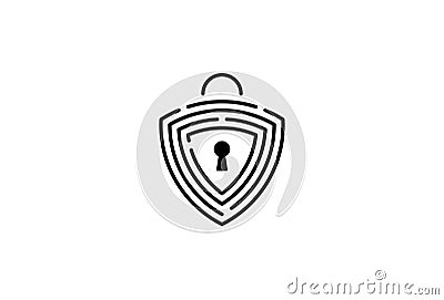 Data Protection Minimal Symbol Design. Vector Logo Template. A database shield protection safe guard in a maze form with a key pad Vector Illustration