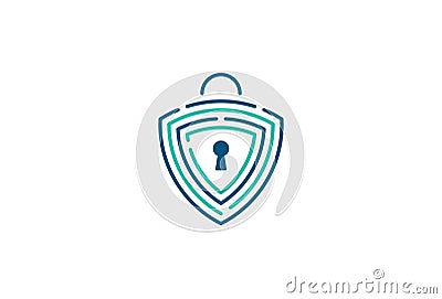 Data Protection Symbol Design. Vector Logo Template. A database shield protection safe guard in a maze form with a key padlock in Vector Illustration