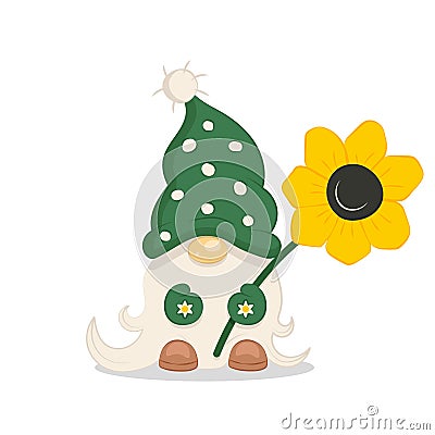 Garden gnome in green hat holding sunflower spring gnome Stock Photo