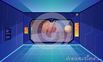 Big shuttle window on spaceship with view of other planets Vector Illustration