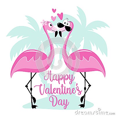 Happy Valentine`s Day - cute cartoon flamingos with hearts in island. Vector Illustration