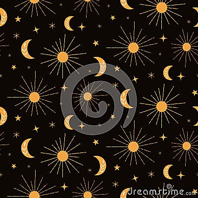 Beautiful orange sun, moon and stars seamless pattern on dark background in boho style. Vector Illustration