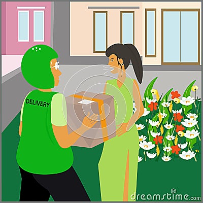 Vector flat illustration of a courier delivering orders to a grumpy women Vector Illustration