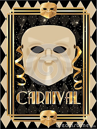 Bauta Venetian carnival mask, card in art deco style Vector Illustration
