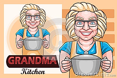 Cartoon grandma kitchen holding pot Vector Illustration