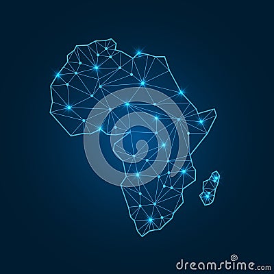 Africa map with polygonal glowing shapes. World map linear continent with lighting dots. Vector Illustration