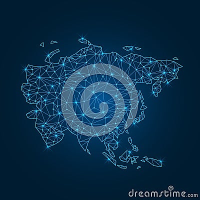 Asia map with polygonal glowing shapes. World map linear continent with lighting dots. Vector Illustration