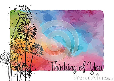 Thinking of you greeting card with rainbow watercolor background Vector Illustration