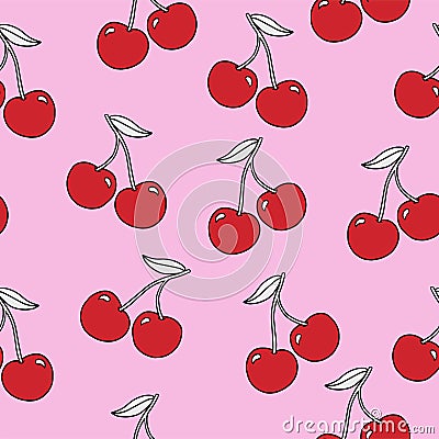 Vector cute outlined cherry illustration seamless repeat pattern Vector Illustration