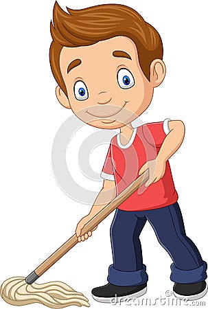 Cartoon little boy mopping the floor Vector Illustration