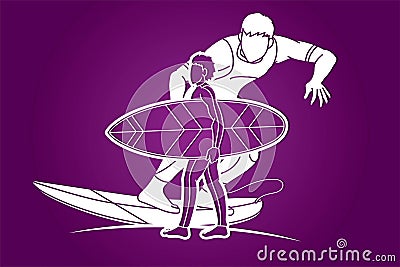 Surfer Action Surfing Sport Players Cartoon Graphic Vector Vector Illustration