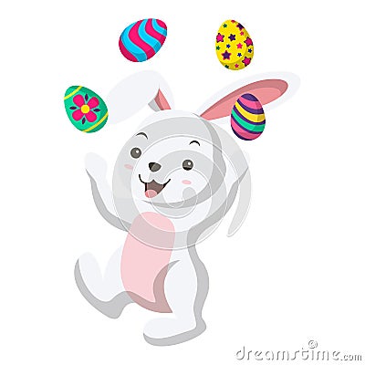 Cute little white bunny junggling easter egg Vector Illustration