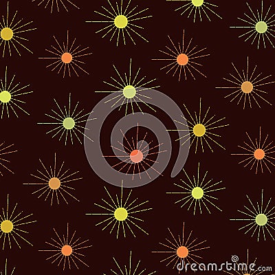 Boho sun seamless in yellow , orange, coral and brown on dark background. Vector Illustration